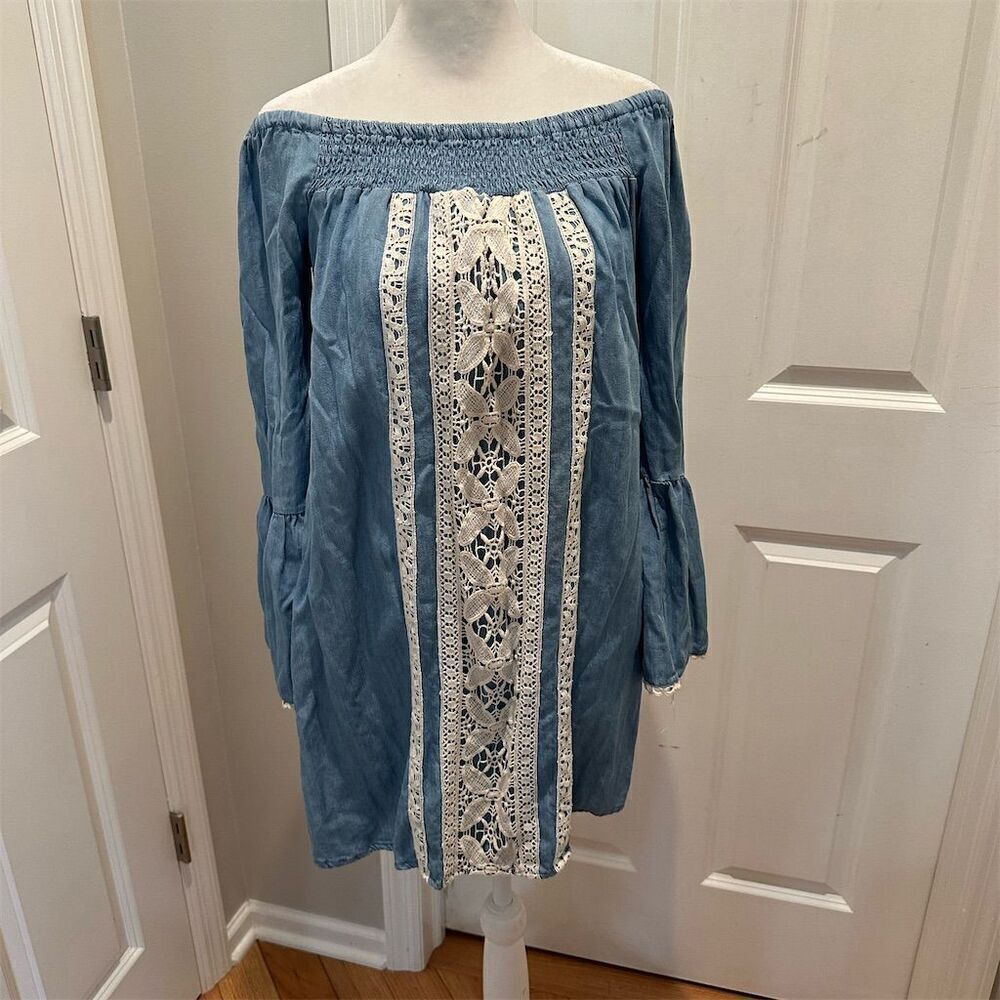 Hint of Mint Off-The-Shoulder Boho Blue Dress /Tunic Lace Trim Bell Sleeve SZ M